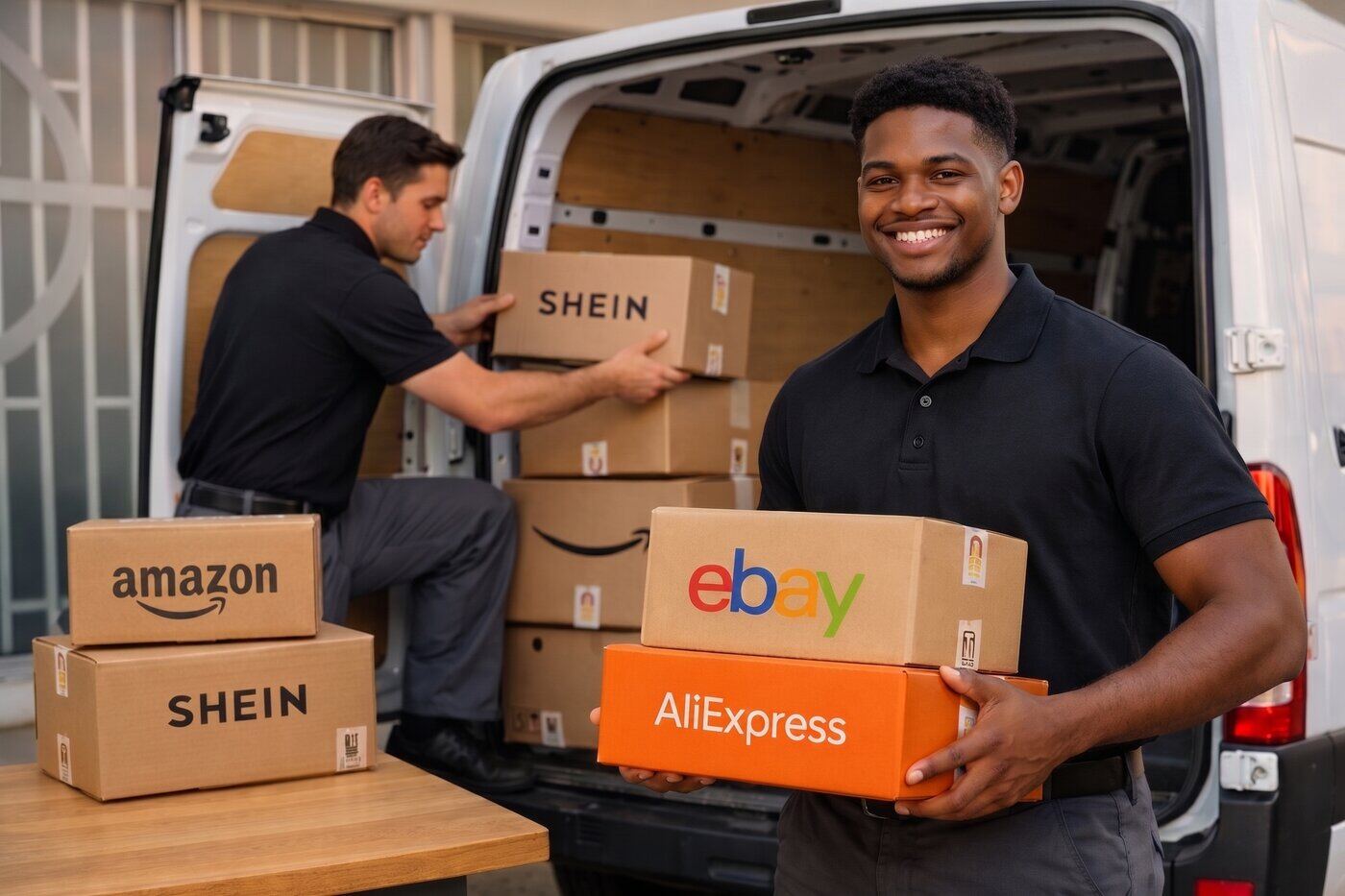 Equipo preparando paquetes de eBay, Amazon, Shein y AliExpress en Miami