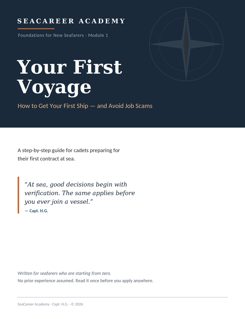 Cover of the free guide: Your First Voyage — How to Get Your First Ship and Avoid Job Scams